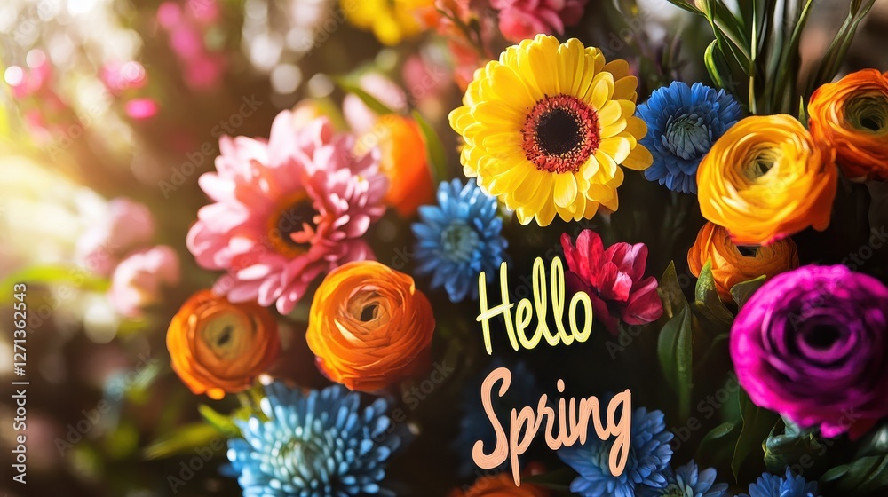 Naklejka premium Hello Spring: A vibrant bouquet of colorful spring flowers in bloom, bathed in warm sunlight, with the message 
