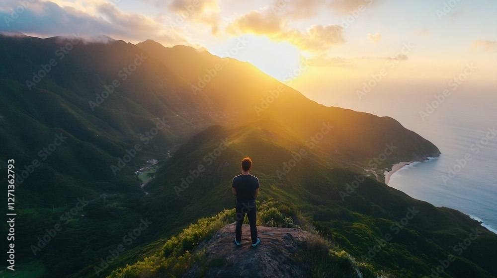 Stunning sunset view from a mountain peak with a person gazing towards the horizon and golden sunlight : Generative AI Stunning sunset view from a mountain peak with a person gazing towards the horizon and golden sunlight : Generative AI