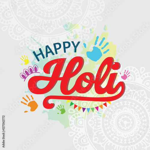 Happy Holi Typographic design om watercolor mandala doliday background. Vector Illustration of Indian Holi Festival with colorful hand drawn typography. Holi calligraphy template design.