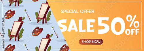 Vector illustration of a banner with a 50% discount and a seamless pattern of easels, palettes, and brushes. Suitable for art supply stores  
