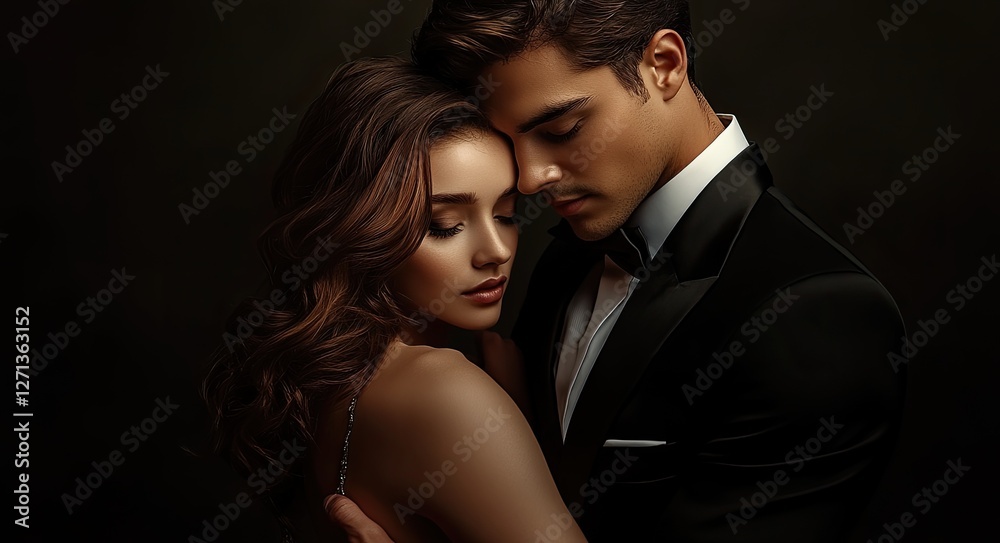 A beautiful woman in an elegant black dress stands with her back to the camera, embracing and looking at a handsome man A beautiful woman in an elegant black dress stands with her back to the camera, embracing and looking at a handsome man