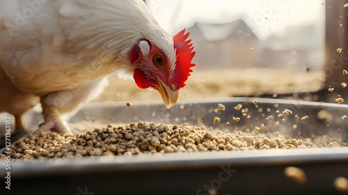 White chicken pecking combined feed in poultry farm at sunset