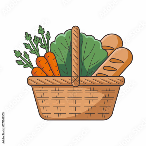 Illustrated Wicker Basket with Fresh Vegetables and Bread