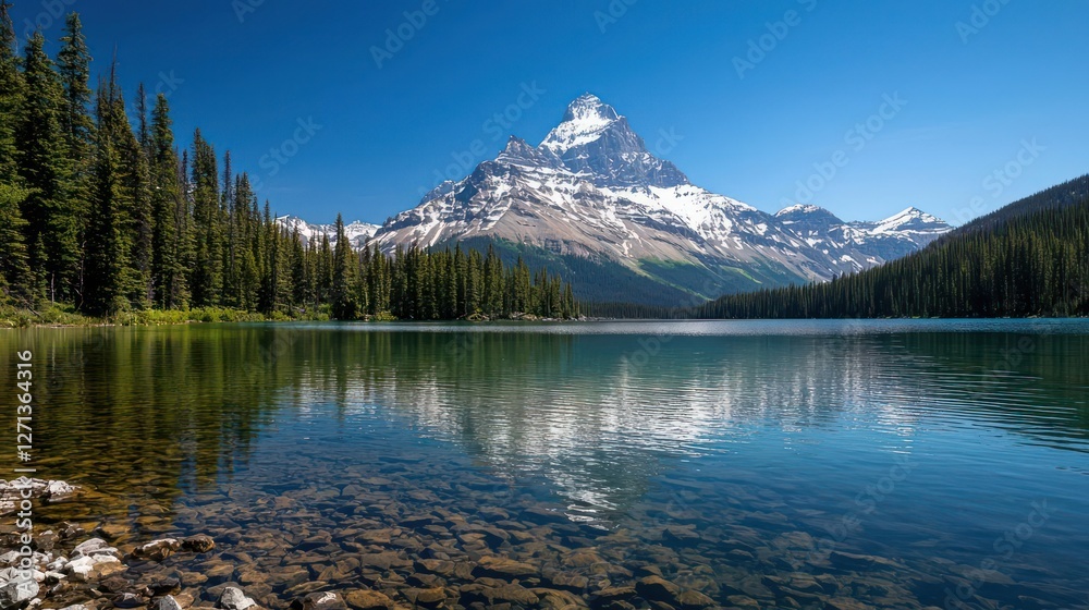 Naklejka premium Majestic Snow Capped Mountain Reflected in a Crystal Clear Lake