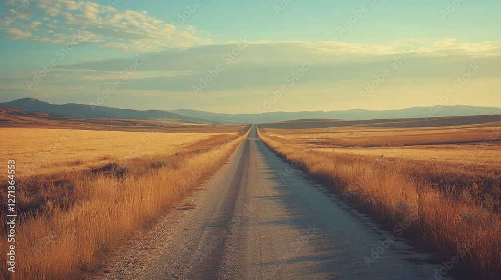 Naklejka premium A long, endless road stretches through a golden field under a vast sky, portraying boundless freedom and the serenity of open landscapes at dusk.