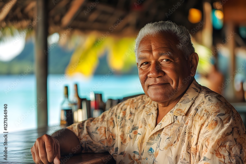 An elderly man is sitting at the bar on an open-air deck by a tropical lagoon with a thatched roof and blue water, wearing a shirt with a floral pattern An elderly man is sitting at the bar on an open-air deck by a tropical lagoon with a thatched roof and blue water, wearing a shirt with a floral pattern