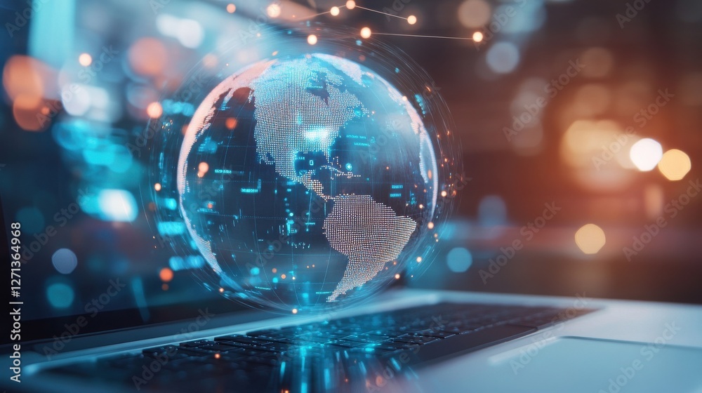 Close up of laptop with creative digital linear sphere on blurry background. Global network and communication concept. Double exposure Close up of laptop with creative digital linear sphere on blurry background. Global network and communication concept. Double exposure