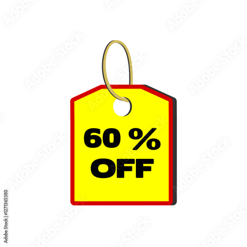 60% off yellow tag with red border, beige cord and white background