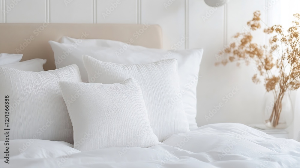 Obraz premium Cozy White Pillows on a Soft Bed with Dried Flowers Accentuating the Calm Setting : Generative AI
