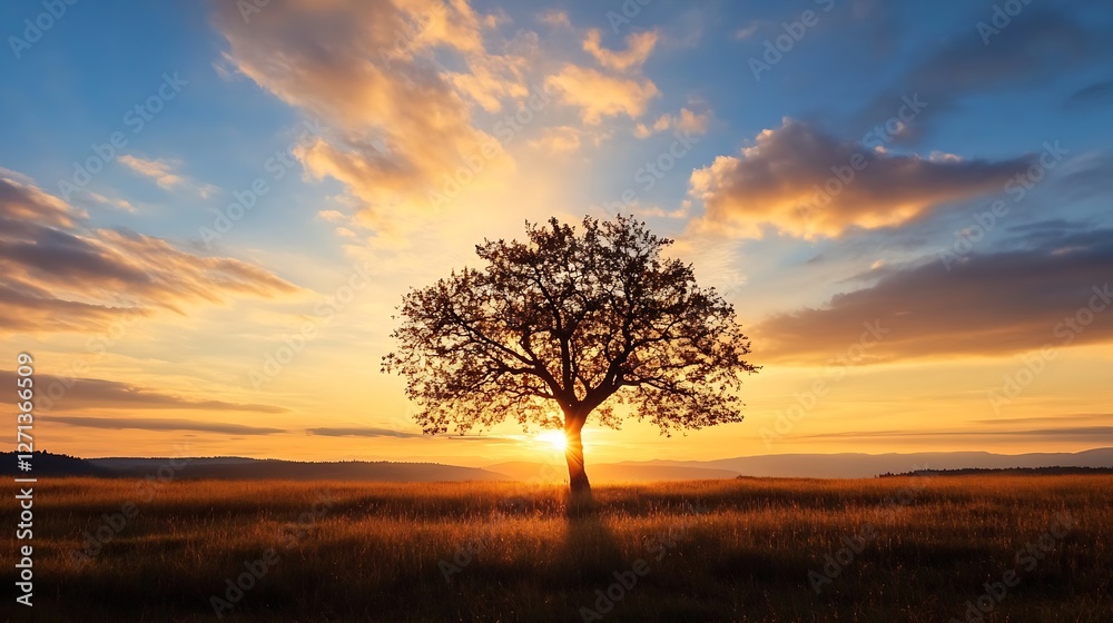 Fototapeta premium Majestic tree silhouette against a stunning sunset backdrop in open field : Generative AI