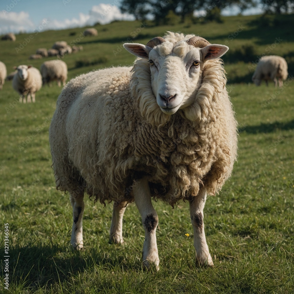 A Majestic Sheep in a Verdant Pasture: A Close-up Portrait of a Fluffy Sheep A sheep with a fluffy coat in a vibrant green pasture. there are many sheep standing in a field with mountains in the A Majestic Sheep in a Verdant Pasture: A Close-up Portrait of a Fluffy Sheep A sheep with a fluffy coat in a vibrant green pasture. there are many sheep standing in a field with mountains in the
