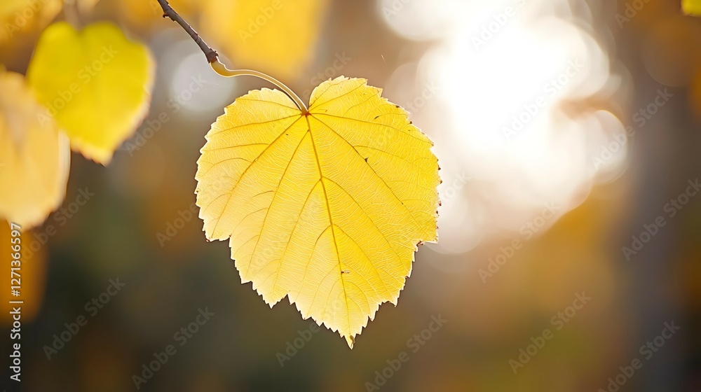 Fototapeta premium Single Golden Yellow Leaf on Branch Backlit by Autumn Sunlight