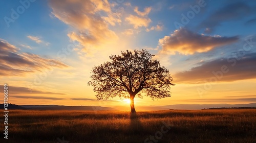 Majestic tree silhouette against a stunning sunset backdrop in open field : Generative AI photo