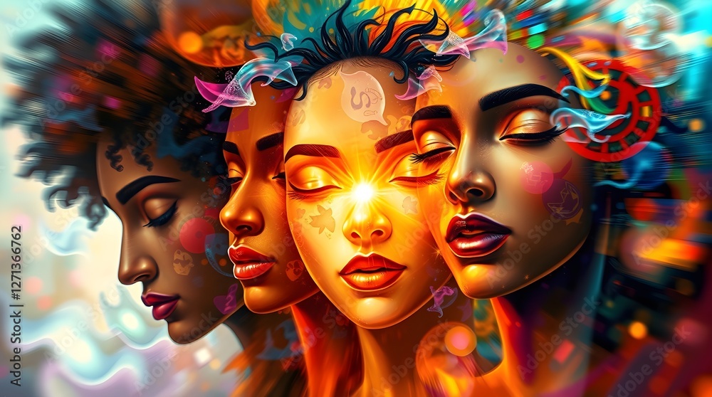 Fototapeta premium Surreal Abstract Portrait – Diverse Faces Merging into a Vibrant Symbol of Unity, Zero Discrimination Day