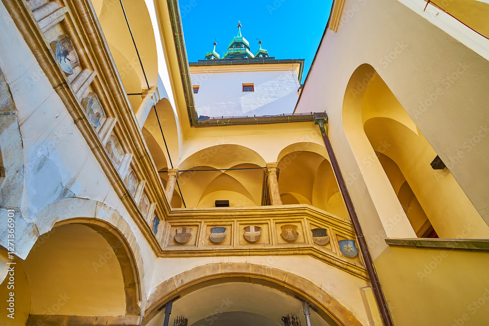 Stara radnice (Old Town Hall) in Brno with spectacular shields with coats of arms on the balcony, Czech Republic