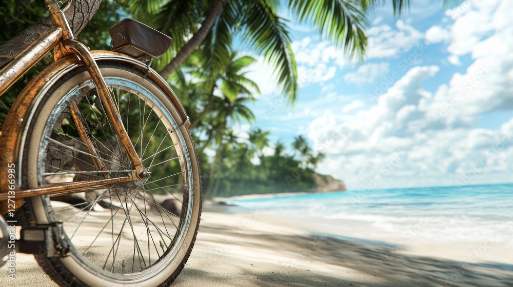 Fototapeta premium Vintage bicycle resting on tropical beach with palm trees and serene ocean under a bright blue sky, perfect summer vibe