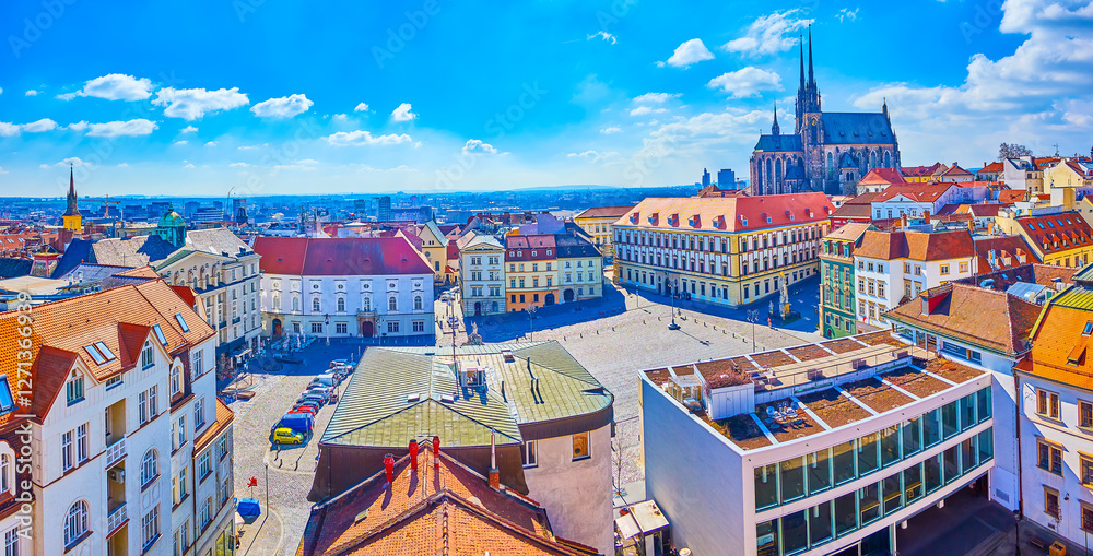 The outstanding panorama of old town of Brno with large Cabbage market Square and Cathedral on background, Czech Republic