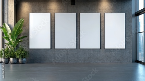 Modern office four blank frames mockup, city view