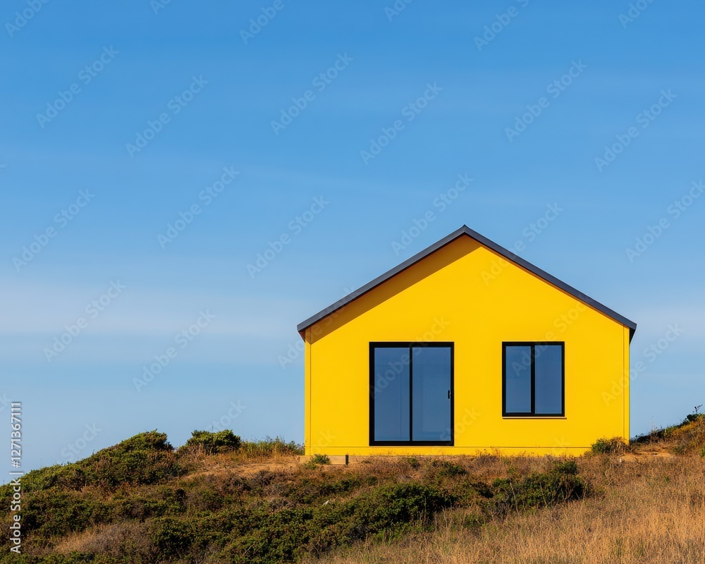 A vibrant yellow house stands on a grassy hill against a clear blue sky, showcasing modern architecture and natural beauty. A vibrant yellow house stands on a grassy hill against a clear blue sky, showcasing modern architecture and natural beauty.
