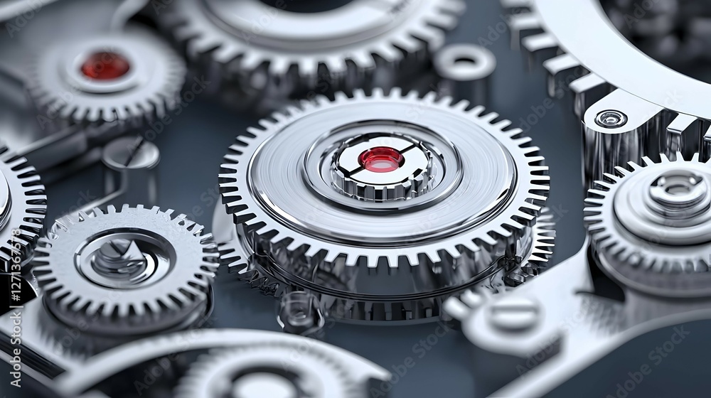 Close-Up View of Intricate Silver Gears and Red Jewel in a Complex Mechanical System Close-Up View of Intricate Silver Gears and Red Jewel in a Complex Mechanical System