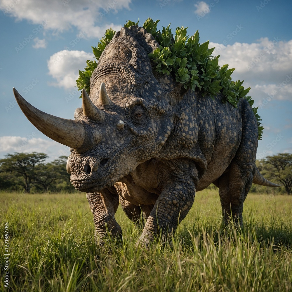 Fototapeta premium Cartoon dinosaur Triceratops, on the landscape of those times Utahceratops Gettyi Large herbivore from Late Cretaceous A large, spiked dinosaur walks through a forest 