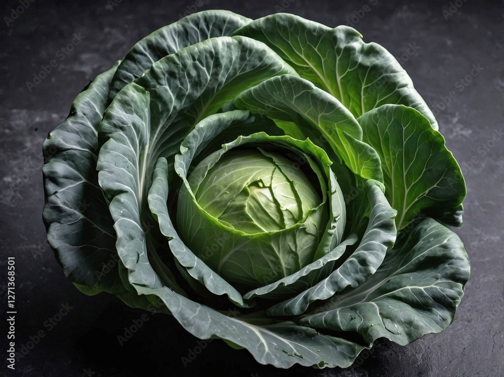 Fototapeta premium A fresh green cabbage rests on a cool, matte slate stone surface.