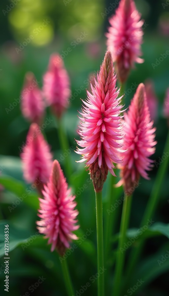 Feathery plumes of pink flowers amidst lush green foliage, blooming, pink Feathery plumes of pink flowers amidst lush green foliage, blooming, pink