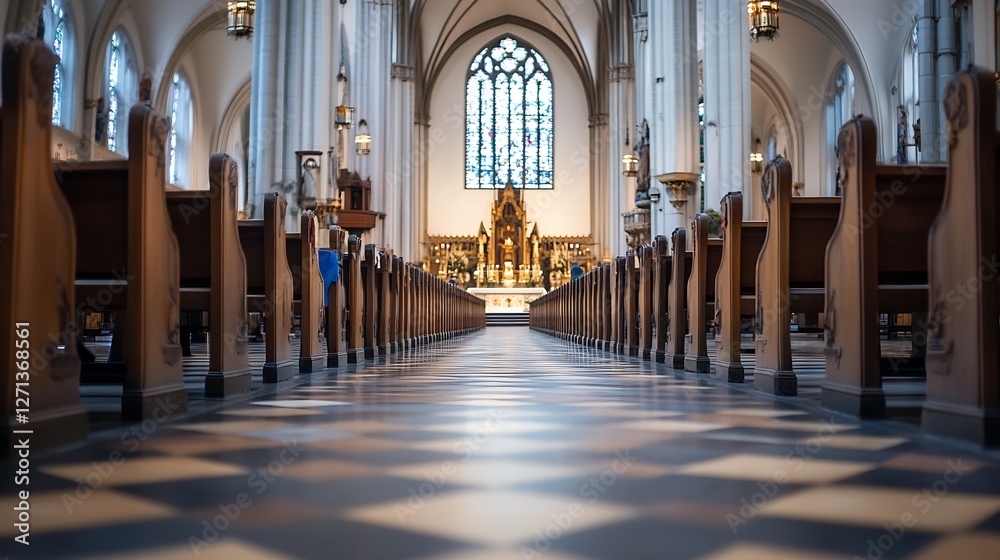 Fototapeta premium Interior of a grand church showcasing rows of wooden pews leading to a bright altar : Generative AI