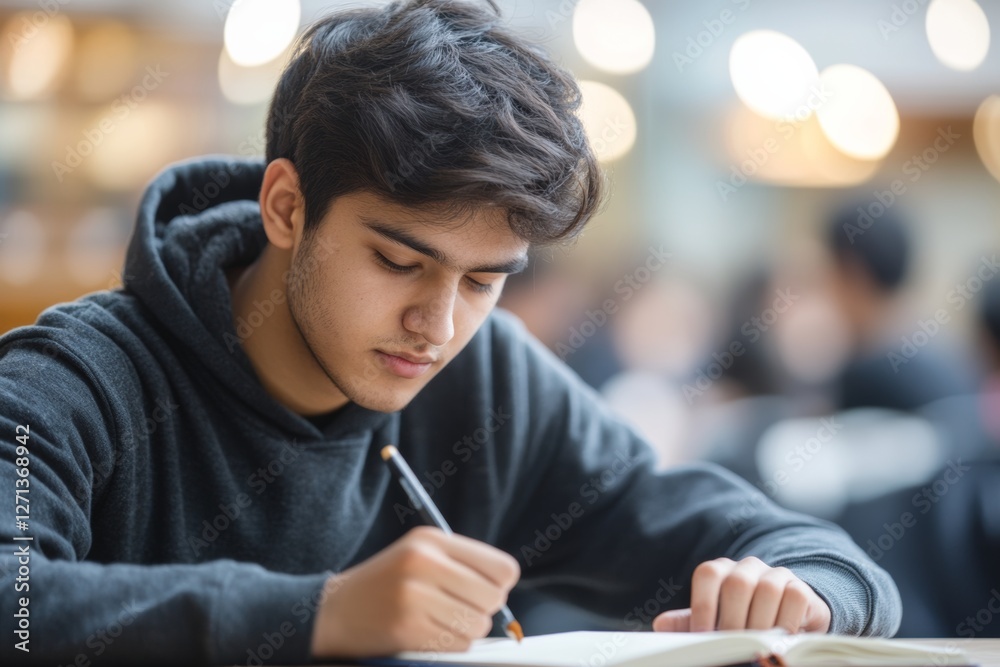 diverse student studying, doodling in a notebook, daydreaming in class, with a soft, unfocused background, minimal background with copy space. looking bored, boredom emotion. diverse student studying, doodling in a notebook, daydreaming in class, with a soft, unfocused background, minimal background with copy space. looking bored, boredom emotion.