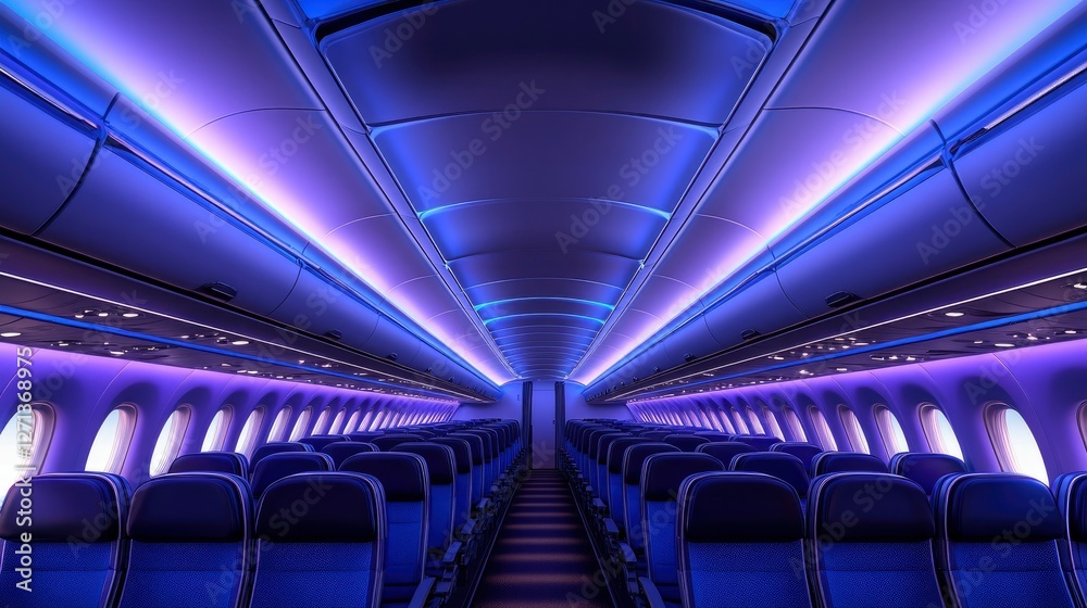 Fototapeta premium Modern Airplane Cabin Interior with Purple LED Lighting - Luxury Air Travel Concept