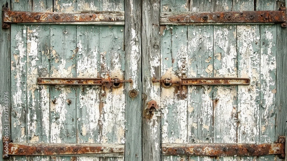 a weathered wooden door with peeling paint and rusty hinges. a weathered wooden door with peeling paint and rusty hinges.