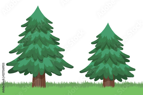 Vector illustration of two pine trees, one large and one small, coniferous plant, single tree