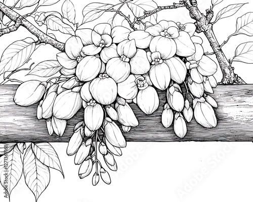 Black and white illustration of flowering tree branch with blossoms photo