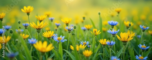 Field of knapweed with bright yellow and blue cornflowers blooming, field flowers, wildflower fields, cornflower