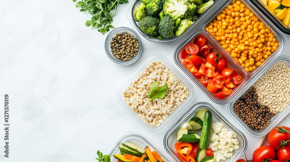 Variety of colorful vegetables and grains in meal prep containers. Balanced diet and nutrition concept with copy space on white background Variety of colorful vegetables and grains in meal prep containers. Balanced diet and nutrition concept with copy space on white background