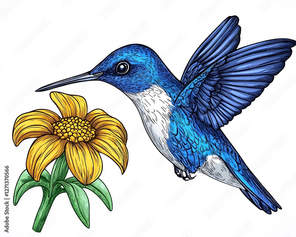 Obraz premium Blue Hummingbird Hovering Near Yellow Flower