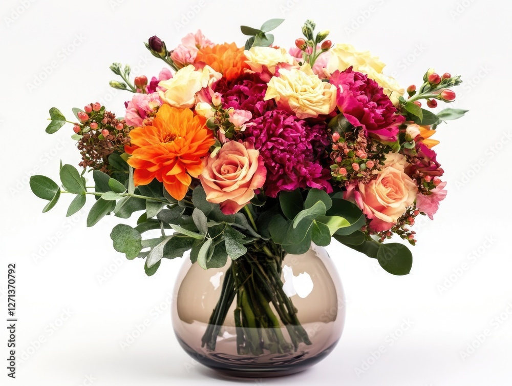 Fototapeta premium This is a colorful bouquet of flowers arranged in a vase. The arrangement includes roses, daisies, and other seasonal blooms.