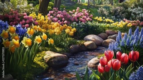 vibrant garden scene with a mix of daffodils, tulips, and hyacinths blooming in early spring