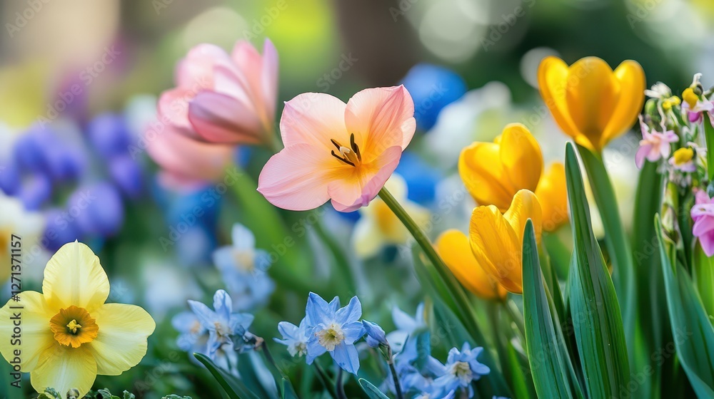 Fototapeta premium Soft, Pastel-Colored Flowers Blooming in a Serene Garden, Symbolizing Hope, Renewal, and the Beauty of the Spring Equinox