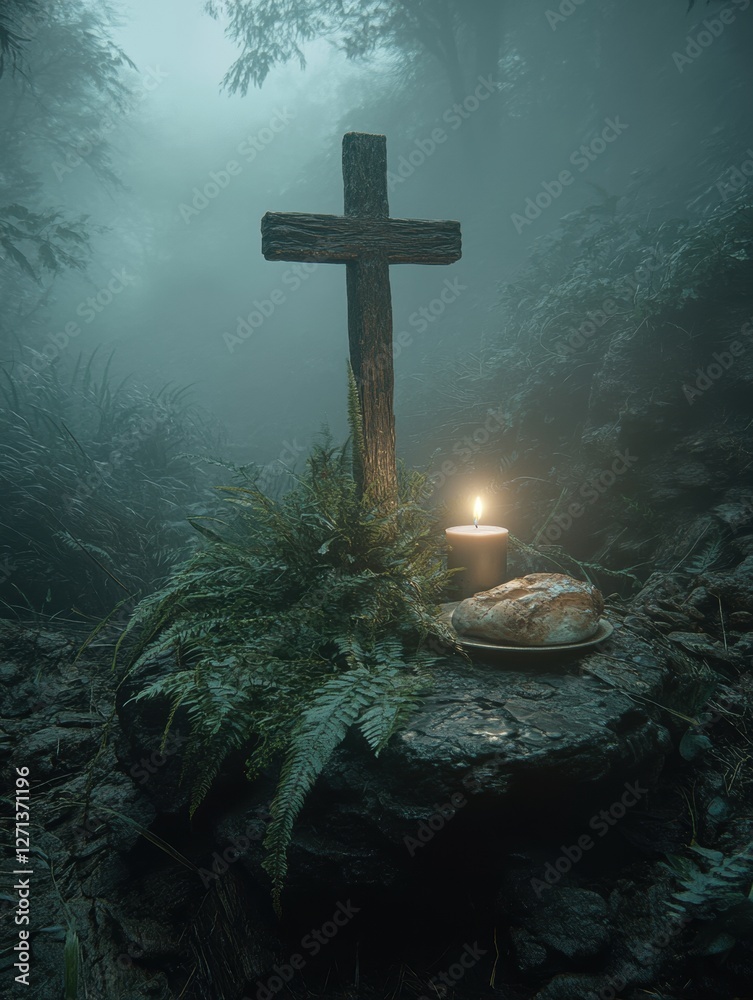 Naklejka premium A wooden cross stands in a misty forest, accompanied by a candle, bread, and ferns, creating an ethereal setting for solitude, faith, and spiritual contemplation.