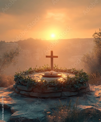 A wooden cross stands atop a circular stone altar at sunrise, surrounded by green vines and fresh bread. A spiritual representation of faith and renewal.