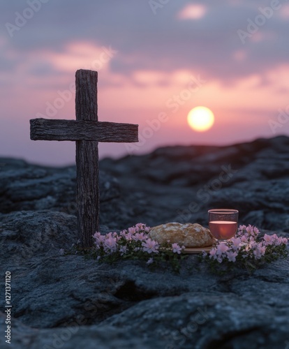 A wooden cross stands on rocky terrain, surrounded by pink flowers. A loaf of bread and a glass of wine rest nearby, bathed in the warm glow of sunset.