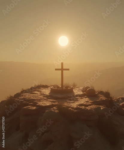 A wooden cross stands at the peak of a rocky mountain at sunrise, with bread and wine nearby, symbolizing faith, solitude, and spiritual renewal.