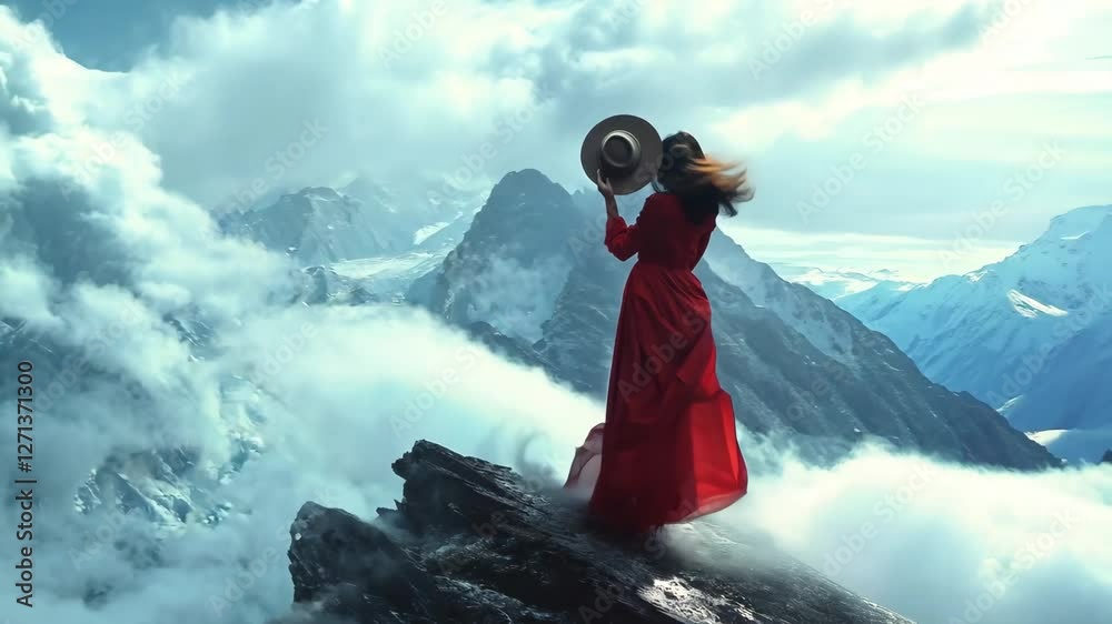 A woman in a striking red dress stands on the edge of a rugged mountain ...