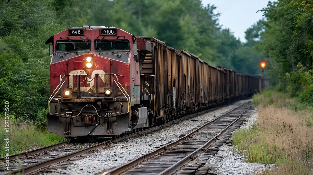 Naklejka premium Freight Train Traveling along Tracks Surrounded by Lush Green Landscape Signifying Transport and Industry : Generative AI