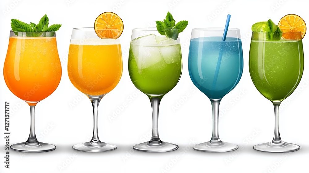 Colorful Array of Refreshing Summer Cocktails with Fruits and Mint Leaves on a White Background Colorful Array of Refreshing Summer Cocktails with Fruits and Mint Leaves on a White Background