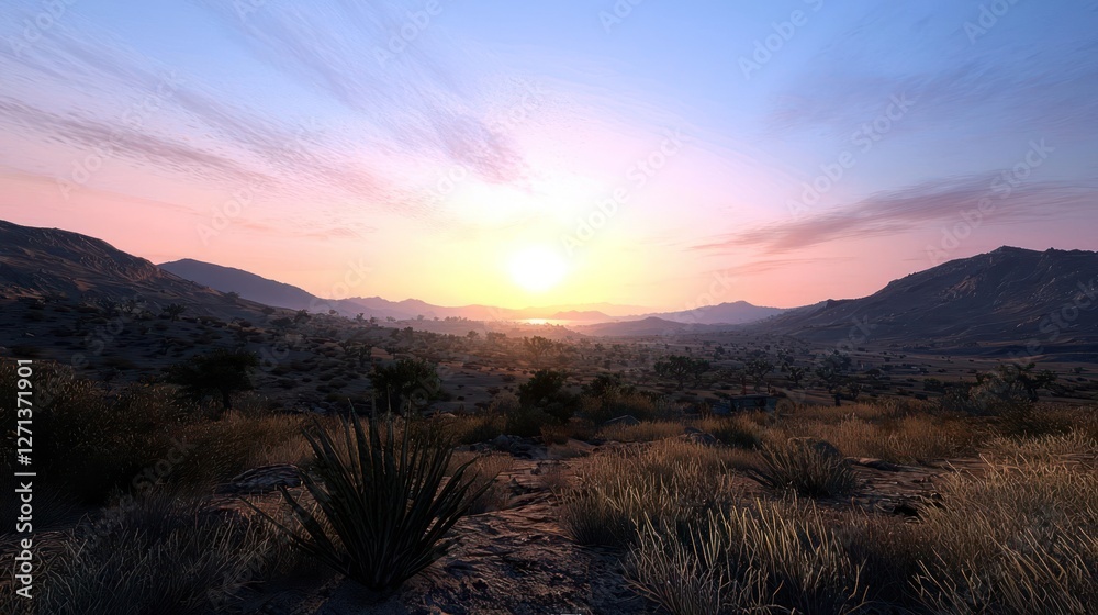 Obraz premium Serene Desert Sunset Landscape with Warm Colors and Majestic Mountains