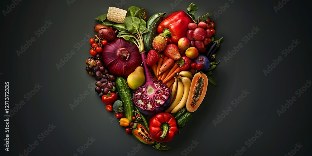 An intricate human heart shape made of various fruits and vegetables photographed in high definition to highlight the realistic and colorful composition An intricate human heart shape made of various fruits and vegetables photographed in high definition to highlight the realistic and colorful composition