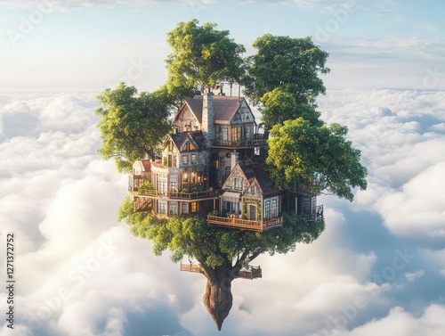 Whimsical Treehouse Mansion Floating Serenely Above a Sea of Clouds