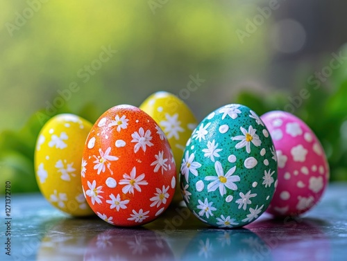 A collection of four brightly colored Easter eggs, each uniquely hand-decorated with floral designs in vibrant pastel colors.